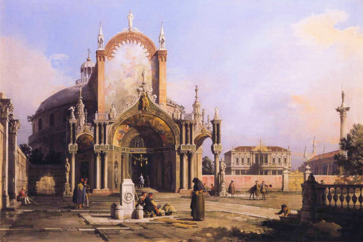 Capriccio van een ronde kerk met een uitgebreid gotisch portiek op een piazza, een Palladiaanse piazza en een gotische kerk daarachter door Giovanni Antonio Canal