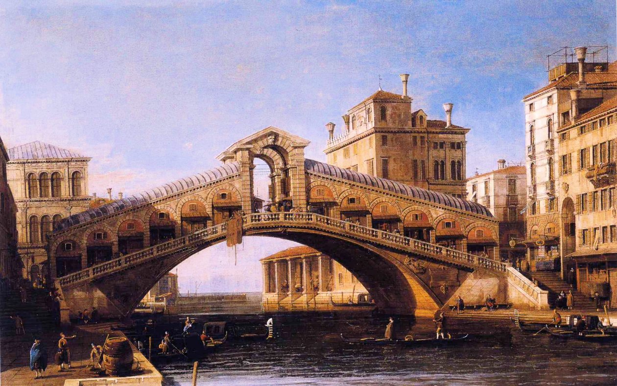 Capriccio van de Rialtobrug met de lagune daarachter door Giovanni Antonio Canal