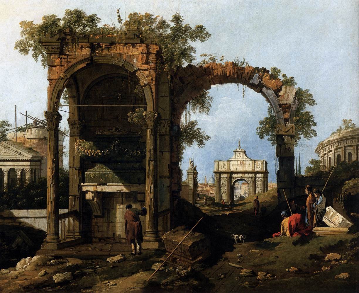 Capriccio met klassieke ruïnes en gebouwen door Giovanni Antonio Canal