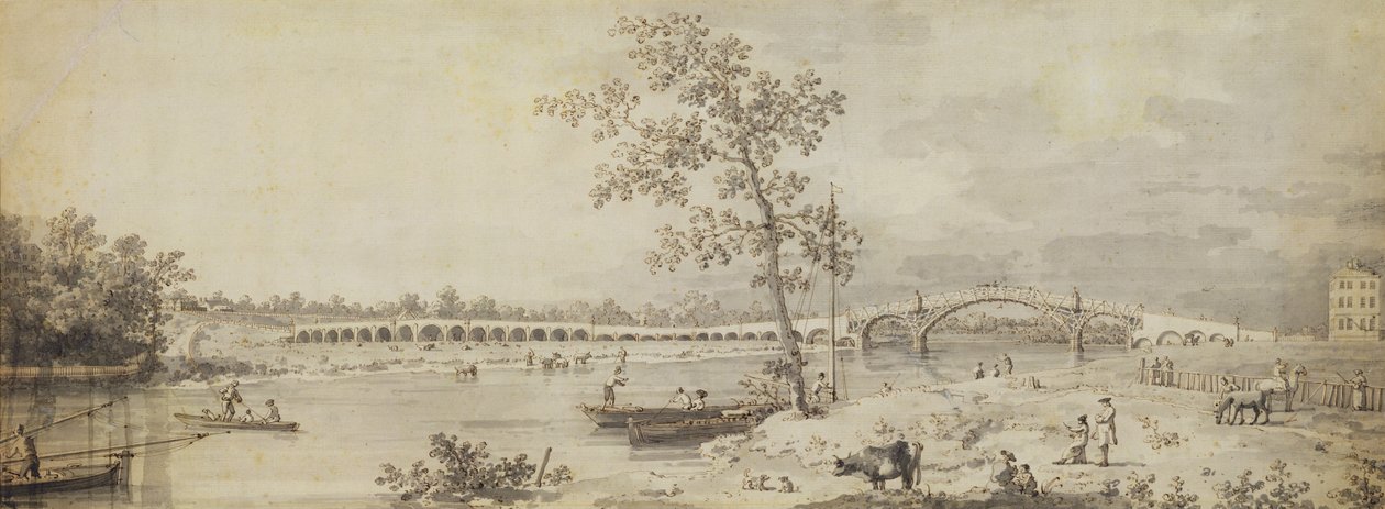 Oude Walton-brug gezien vanaf de Middlesex-oever, 1755 door Giovanni Antonio Canal