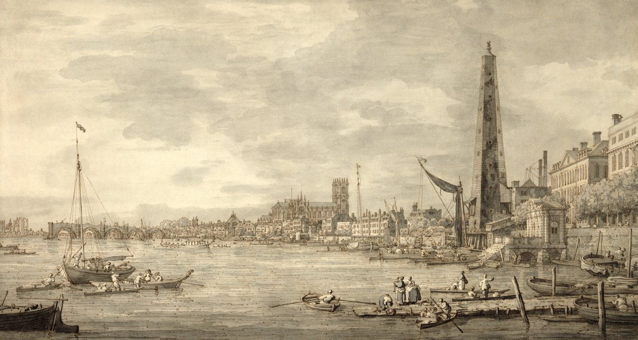 De Theems richting Westminster vanaf de buurt van York Water Gate door Giovanni Antonio Canal