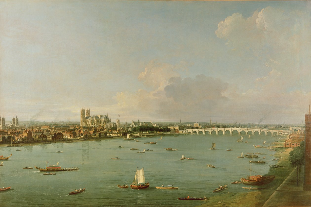 Uitzicht op de Theems vanaf de zuidkant van de rivier door Giovanni Antonio Canal