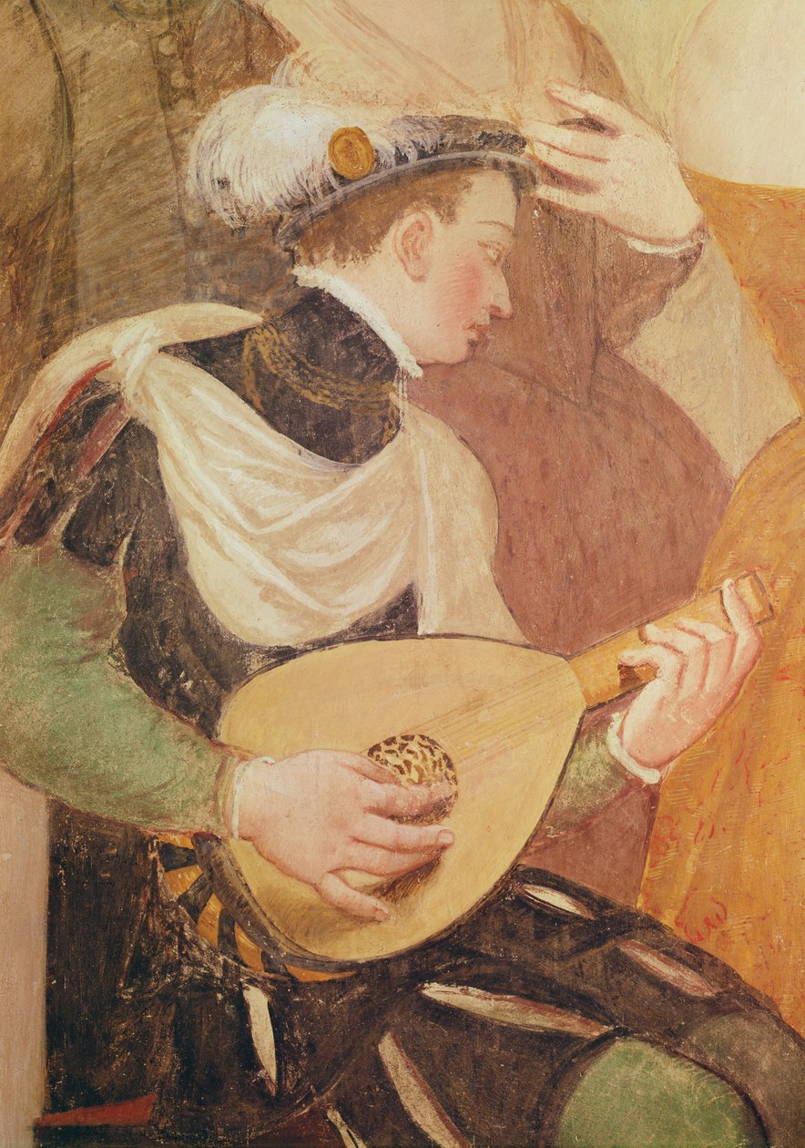 Uitnodiging tot de dans, detail van een muzikant, 1570 door Giovanni Antonio Fasolo
