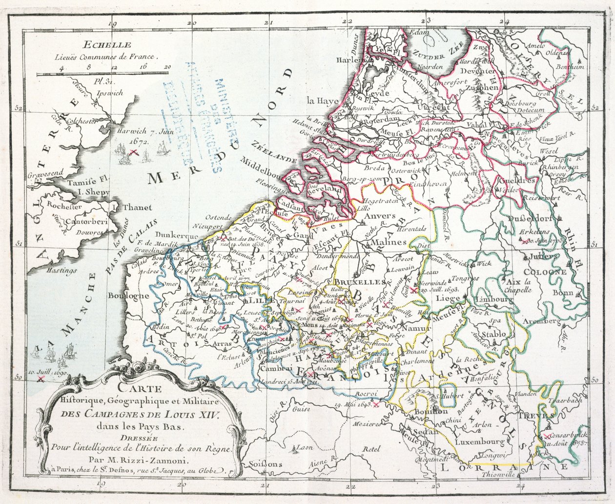 Kaart met de militaire campagnes van Lodewijk XIV in de Lage Landen, uit Atlas géographique et militaire, gepubliceerd in Parijs, 1763 door Giovanni Antonio Rizzi-Zannoni