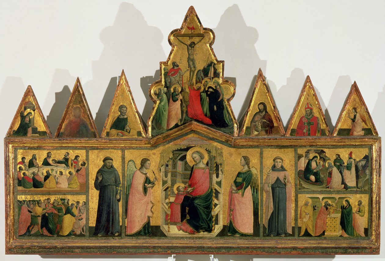 Polyptiek: centraal paneel met de Madonna en Kind op de troon met engelen en heiligen omringd door panelen met scènes uit het leven van Christus, driehoekige frontons met heiligen en engelen door Giovanni Baronzio da Rimini