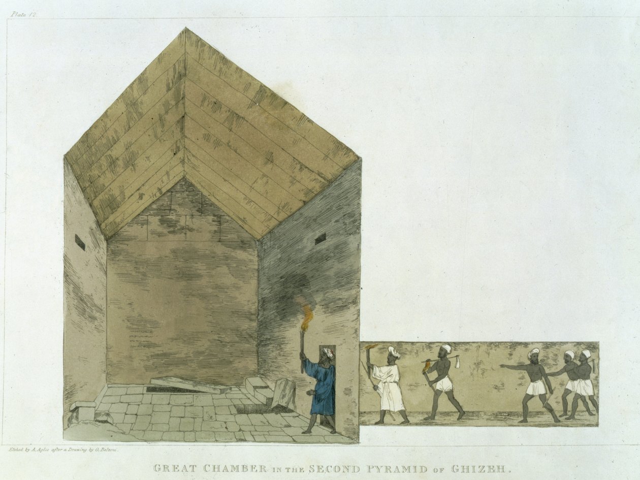 De grote kamer in de tweede piramide van Ghizeh, ontdekt door Giovanni Belzoni, plaat 12 uit 