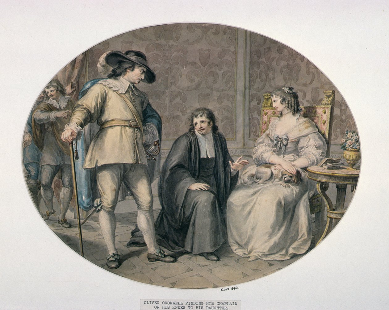 Oliver Cromwell ontdekt zijn kapelaan, Jeremiah White, op zijn knieën voor zijn jongste dochter, Frances door Giovanni Battista Cipriani
