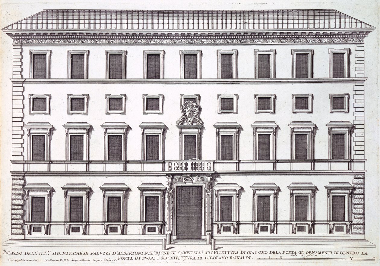 Uitzicht op de Gevel van Palazzo Marchese, Rome, ontworpen door Giacomo della Porta en Girolamo Rainaldi door Giovanni Battista Falda