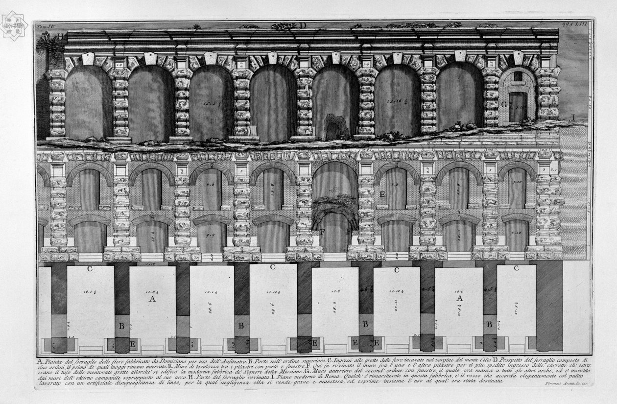 Demonstratie van het dierenverblijf gebouwd door Domitianus voor gebruik in het amfitheater door Giovanni Battista Piranesi