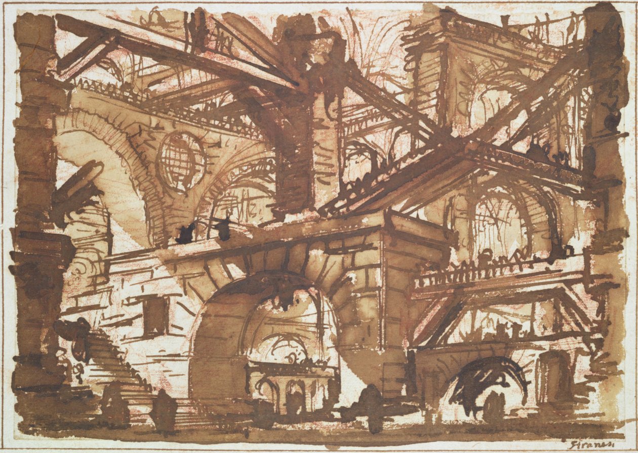 Tekening van een denkbeeldige gevangenis (inkt en was op papier) door Giovanni Battista Piranesi