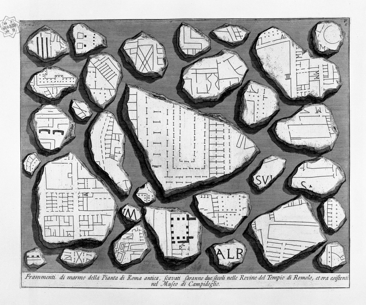 Frammenti di marmo della Pianta di Roma antica door Giovanni Battista Piranesi