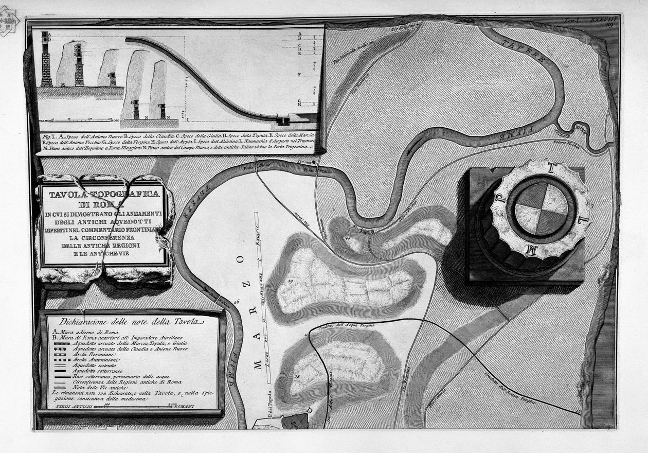 Kaarten van oude Romeinse aquaducten in Rome door Giovanni Battista Piranesi
