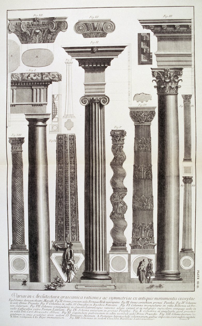 Plate CI-II Variaties in Griekse architectuur die een tabel van kolommen uit monumenten van de oudheid weergeven uit 