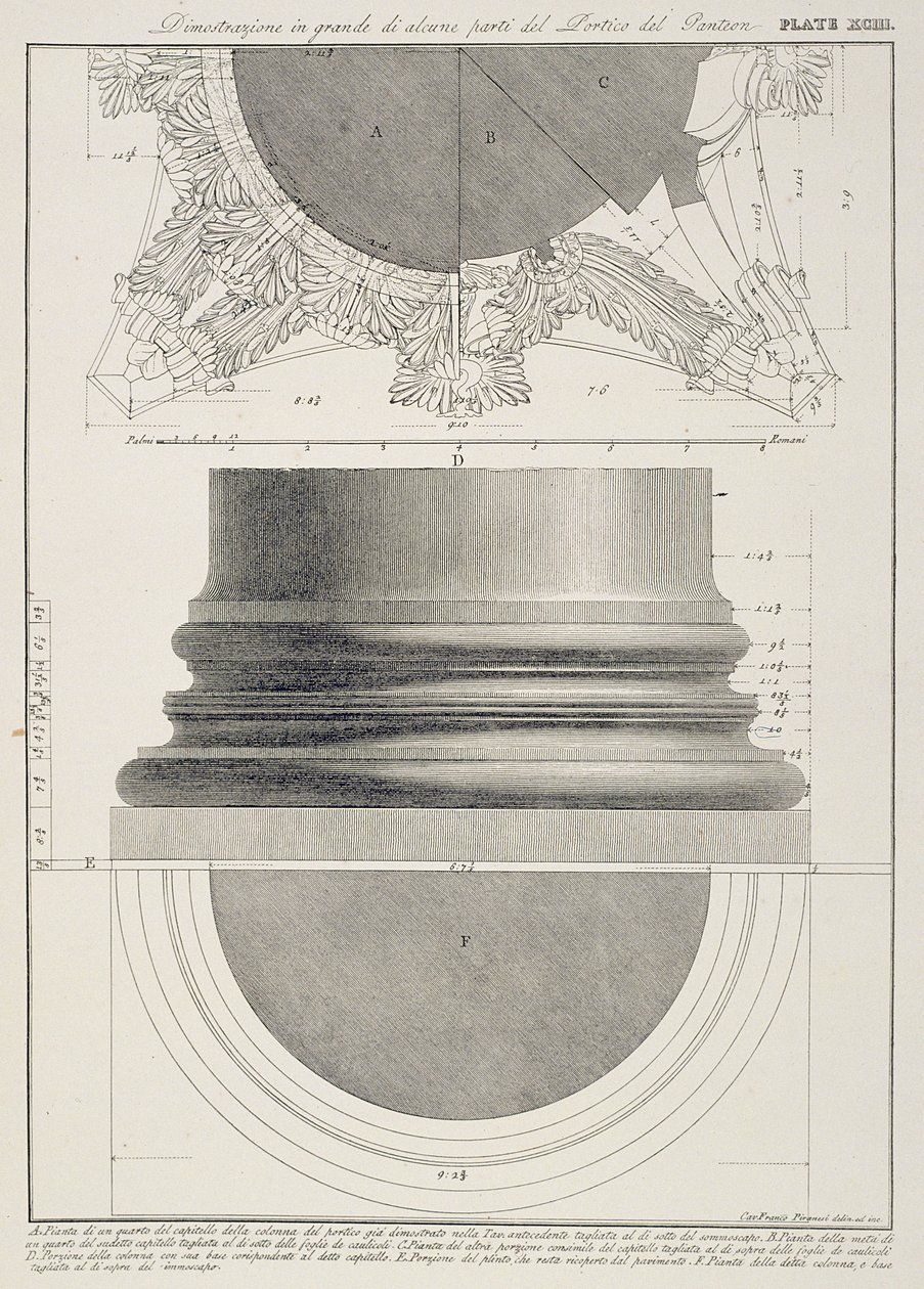 Plaat XCIII Grootschalige illustratie van een detail van het portiek van het Pantheon uit 