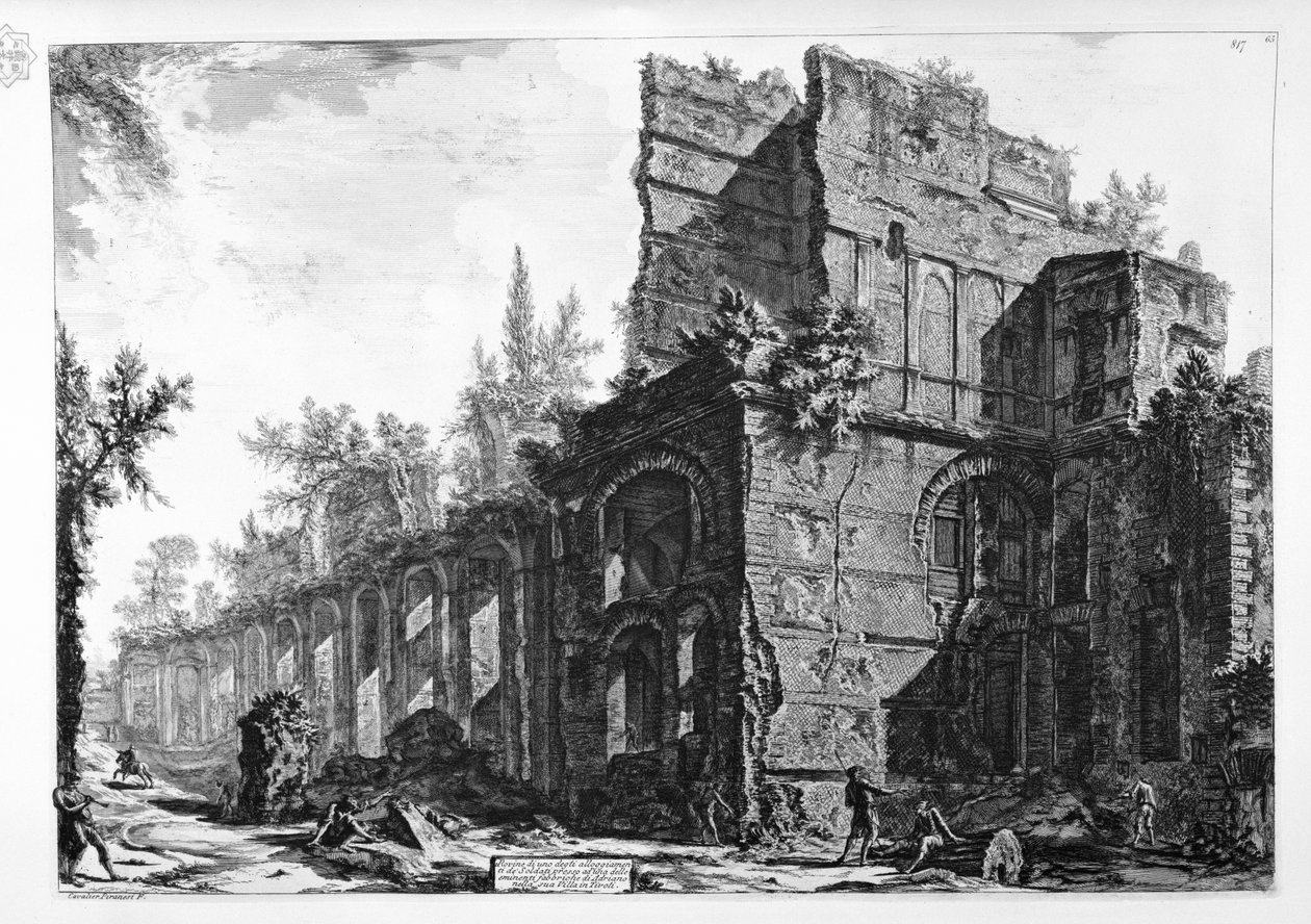 Ruïnes van een van de soldatenverblijven bij een van de eminente gebouwen van Hadrianus in zijn villa in Tivoli door Giovanni Battista Piranesi