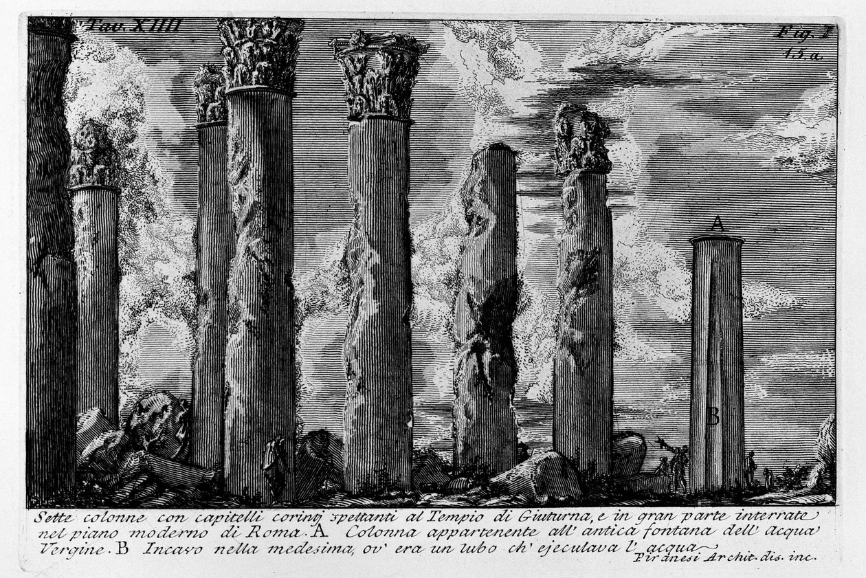 Zeven zuilen met Korinthische kapitelen behorend tot de Tempel van Giuturna, grotendeels begraven in het moderne Rome door Giovanni Battista Piranesi