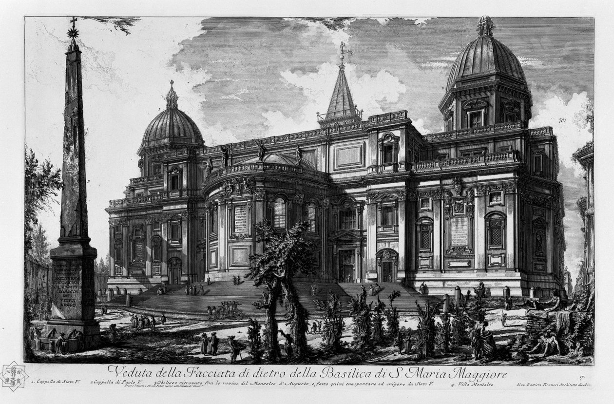 Gezicht op de achterkant van de Basiliek van Santa Maria Maggiore, Kapel van Sixtus V, Kapel van Paulus V, Obelisk Esquilino gevonden tussen de ruïnes van het Mausoleum van Augustus en daarheen gebracht en opgericht door Sixtus V, Villa Montalto door Giovanni-Battista Piranesi