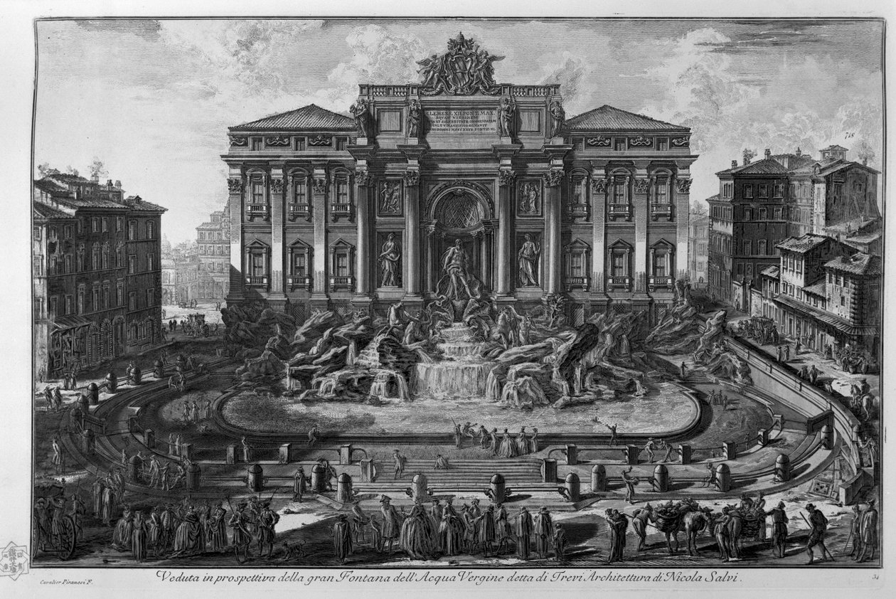 Gezicht in perspectief op de grote Trevifontein genoemd het Maagdelijke Water. Architectuur van Nicola Salvi door Giovanni-Battista Piranesi