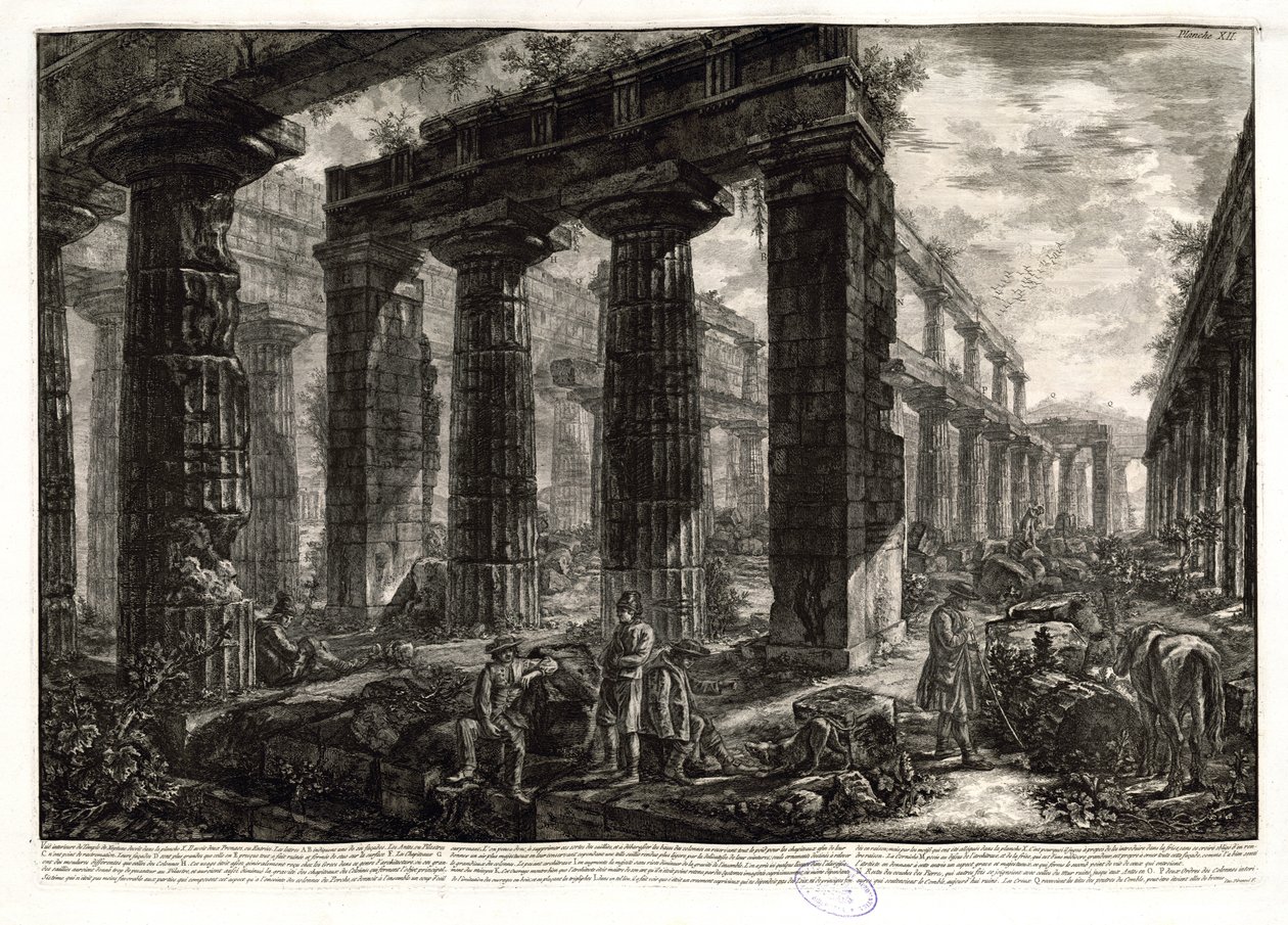 Vergelijk de eerste staat van deze voorstelling met het uitzicht op de tempel vanuit een iets hogere positie, met andere figuren en een leeg tekstband, alleen rechtsonder gesigneerd. Ficacci, L. Giovanni Battista Piranesi. Het complete werk door Giovanni Battista Piranesi