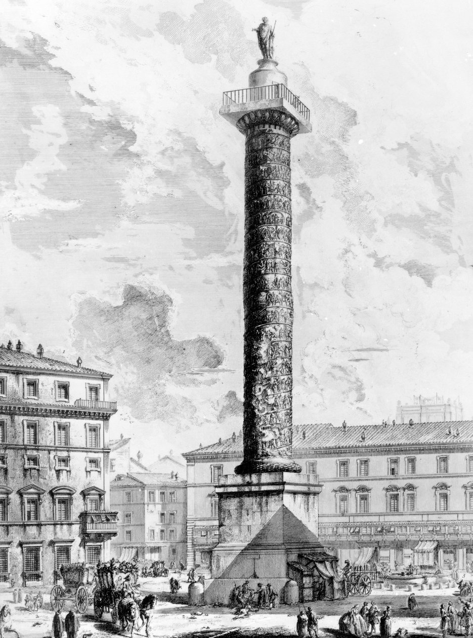 Uitzicht op de zuil van Marcus Aurelius op de Piazza Colonna, uit de 