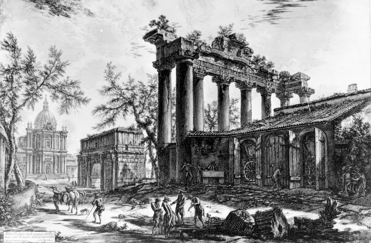 Uitzicht op de Tempel van Concord met de Boog van Septimius Severus en de Kerk van Santa Martina, uit de serie 