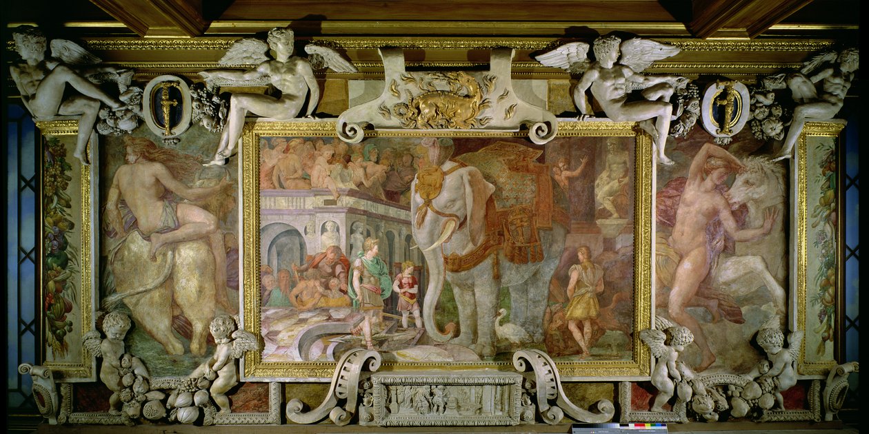 De triomfantelijke olifant (detail) door Giovanni Battista Rosso Fiorentino