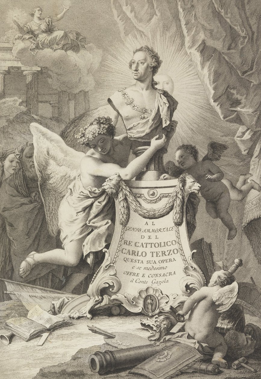 Opdrachtpagina aan Karel III van Spanje en de Twee Siciliën, frontispice voor Paolantonio Paoli door Giovanni Battista Tiepolo