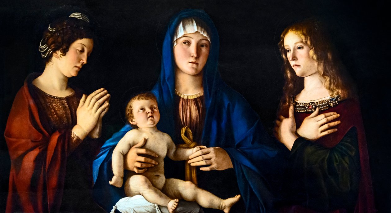 Madonna en Kind met Sint-Catharina van Alexandrië en Maria Magdalena (Sacra Conversazione) door Giovanni Bellini