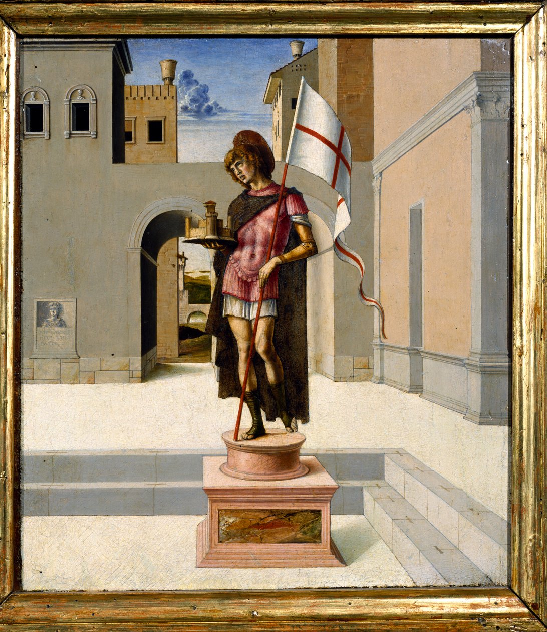 St. Joris afgebeeld als een polychroom standbeeld op een stadsplein, predella door Giovanni Bellini