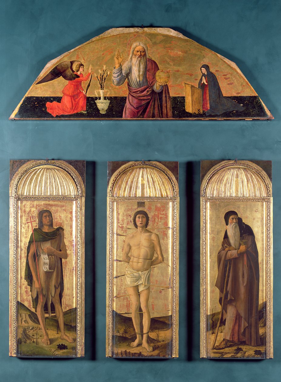 St. Sebastiaan tussen St. Johannes de Doper en St. Antonius de Abt, in de lunet Eeuwigheid en de Annunciatie door Giovanni Bellini