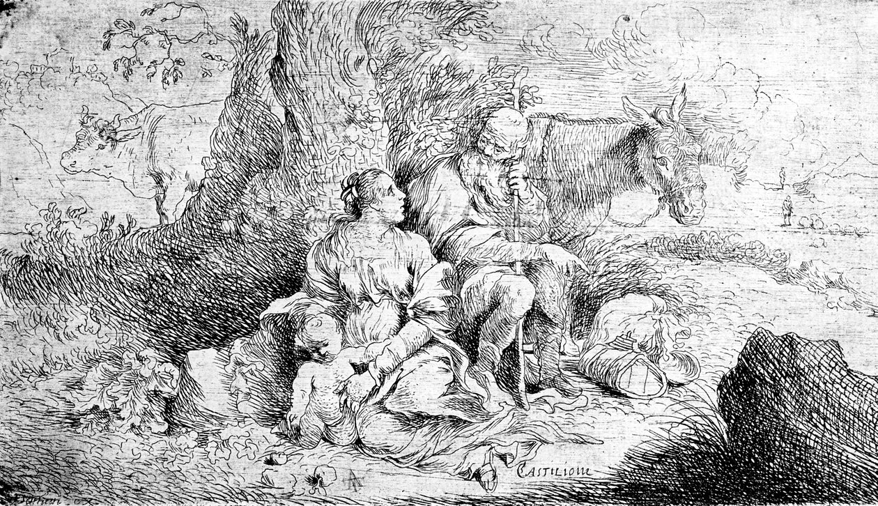 De rust tijdens de vlucht naar Egypte, geëtst door Antonio Travi door Giovanni Benedetto Castiglione