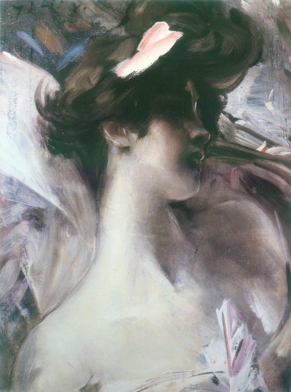 Hoofd van een jongeman op roze achtergrond door Giovanni Boldini