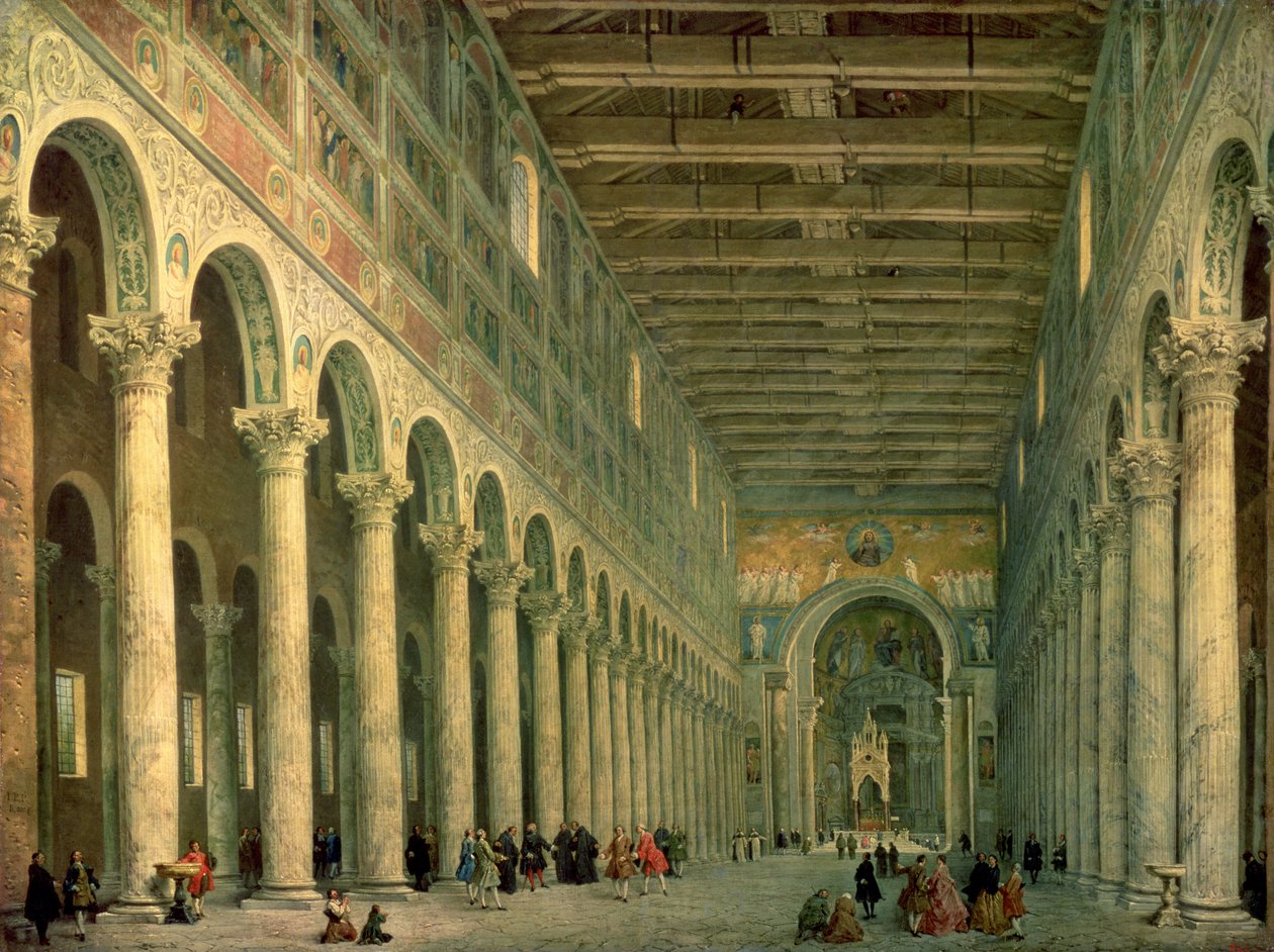 Interieur van de Kerk van San Paolo Fuori le Mura, Rome, 1750 door Giovanni Paolo Pannini