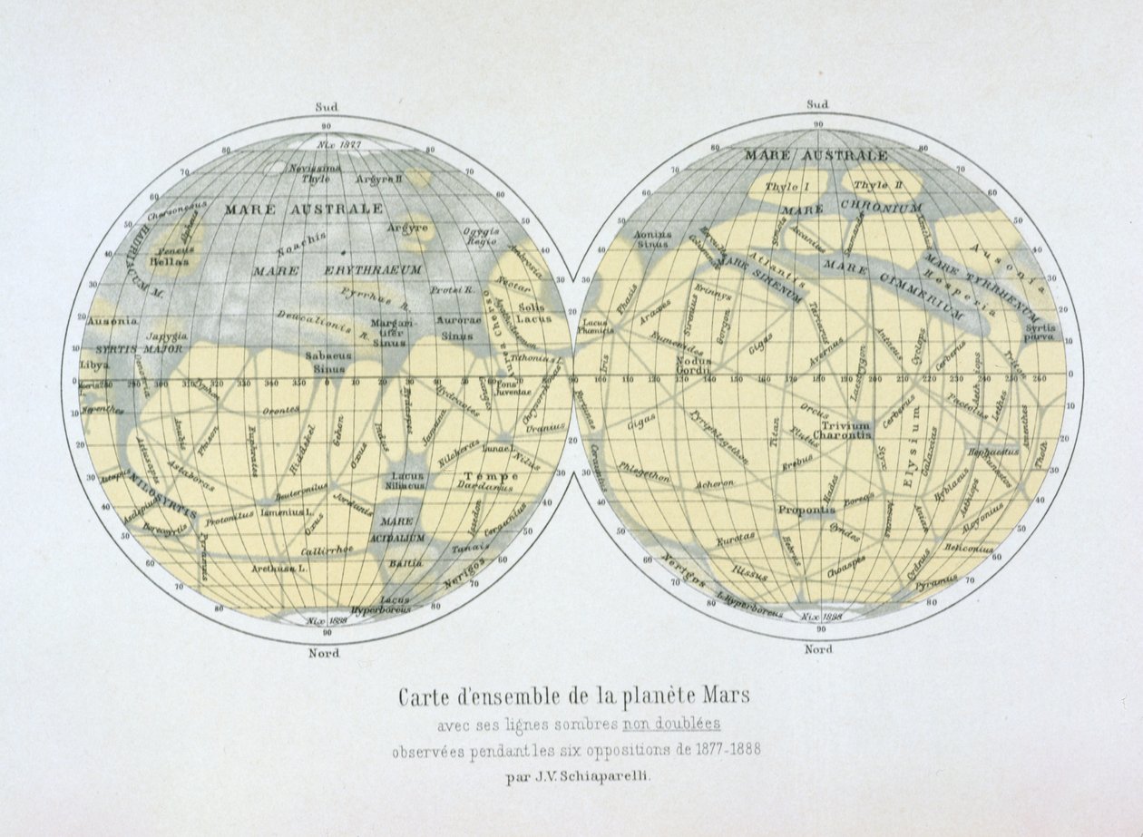 Samengestelde kaart van de planeet Mars, van waarnemingen gemaakt tijdens zes opposities in 1877-88 door Giovanni Schiaparelli