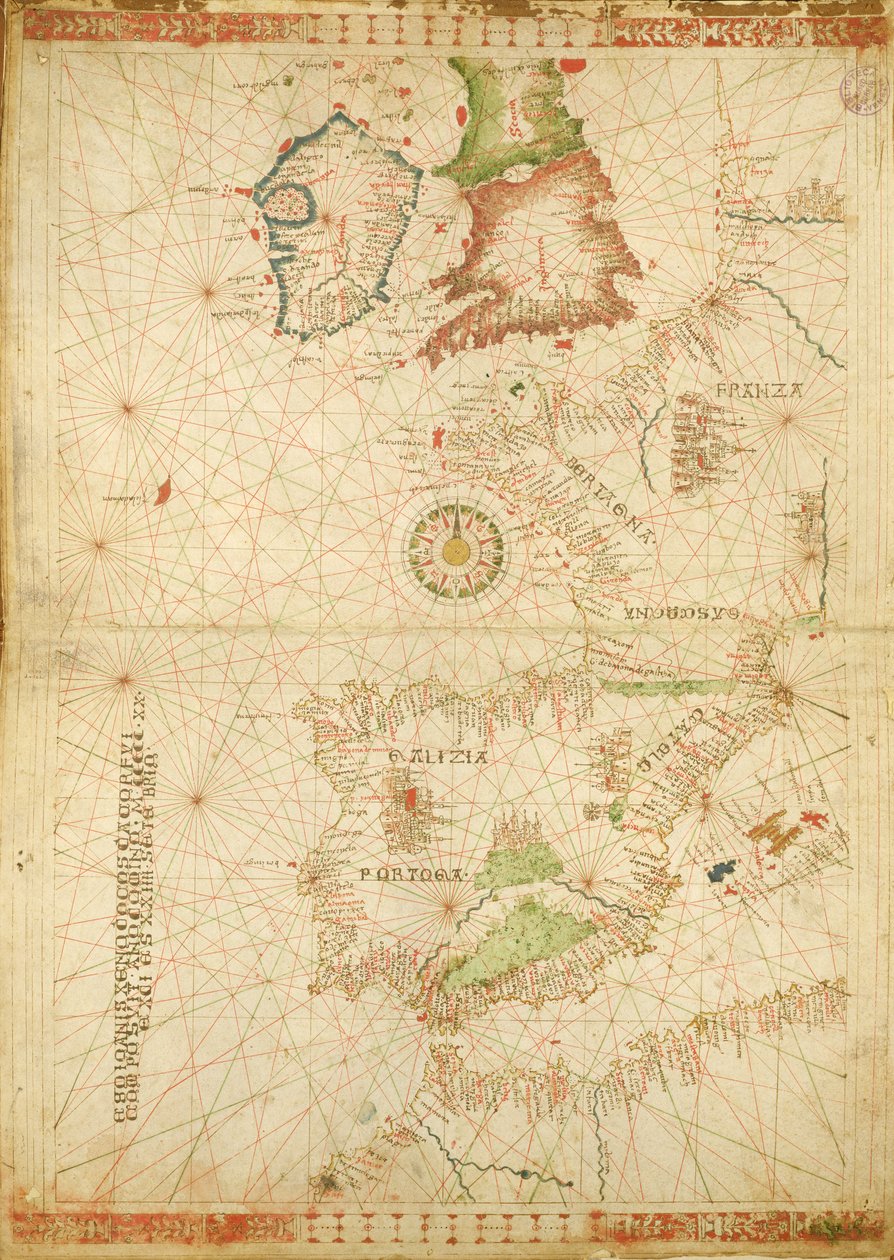 De Atlantische kusten van Europa en Afrika, uit een nautische atlas, 1520 door Giovanni Xenodocus da Corfu