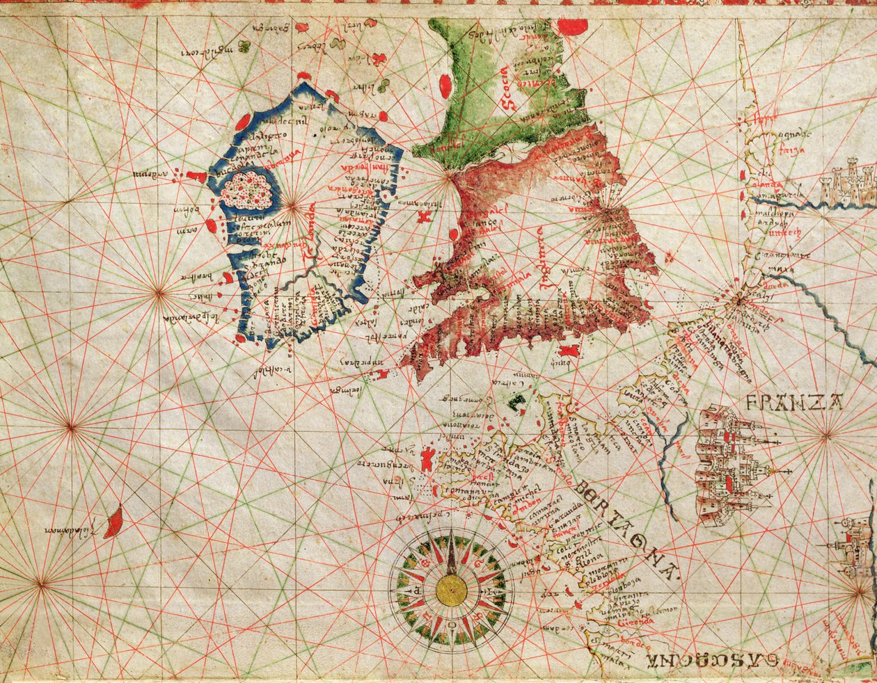 De Franse kust, Engeland, Schotland en Ierland, uit een nautische atlas, 1520 (detail) door Giovanni Xenodocus da Corfu