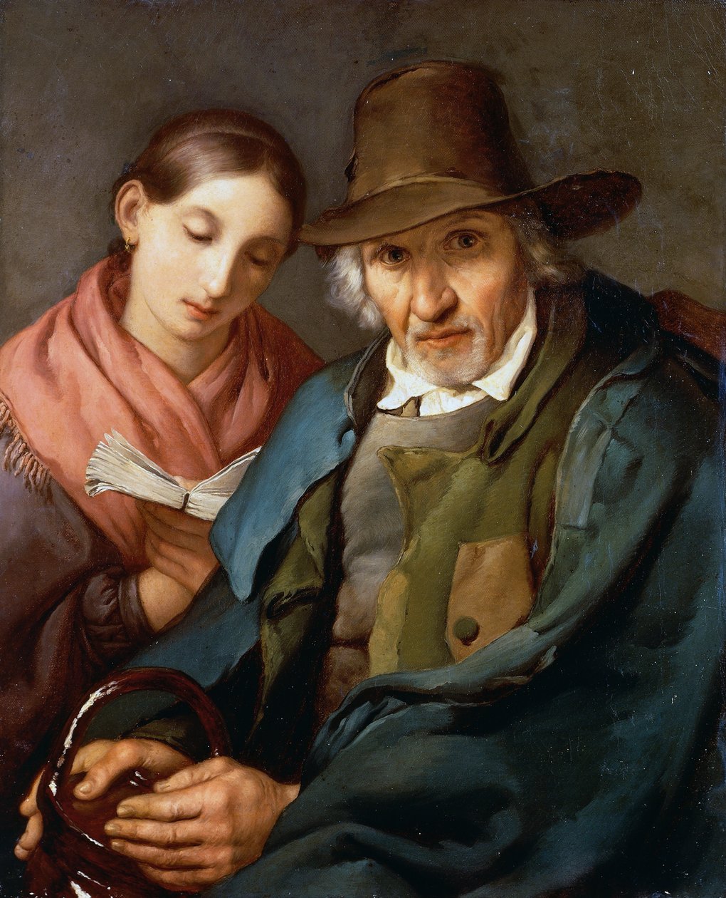 Figuur van een oudere man zittend met een jonge gewone man die een boek leest, door Giovanni Carnovali bekend als Piccio (1804-1873), olieverf op doek, 72x59 cm door Giovanni Carnovali