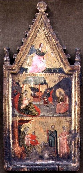 T-B: De Engel van de Aankondiging; De Geboorte en Aankondiging aan de Herders; De Aanbidding van de Wijzen, linker vleugel van een Diptiek door Giovanni (attr. to) Baronzio da Rimini
