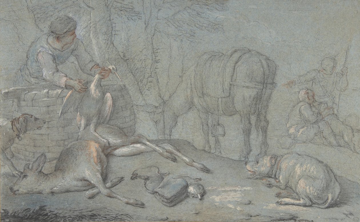 Jagers met dood wild in een landschap, 1600-1800 door Giovanni Agostino Cassana
