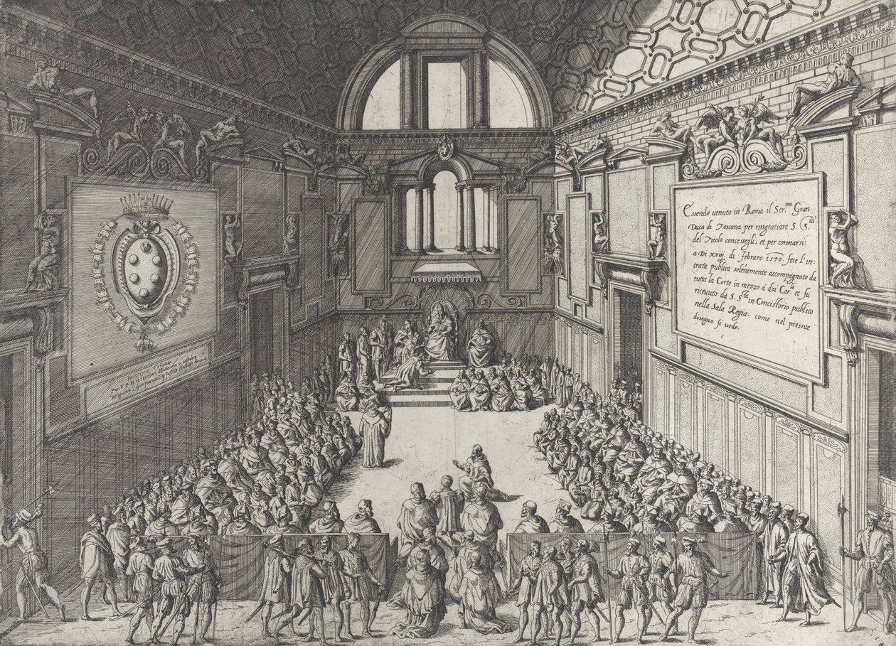 Audiëntie gegeven door paus Pius V aan Cosimo I, hertog van Toscane door Giovanni Ambrogio Brambilla