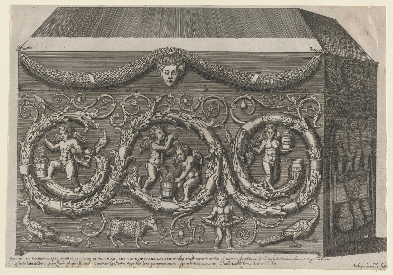 Speculum Romanae Magnificentiae: Versierde sarcofaag met arabesken door Giovanni Ambrogio Brambilla