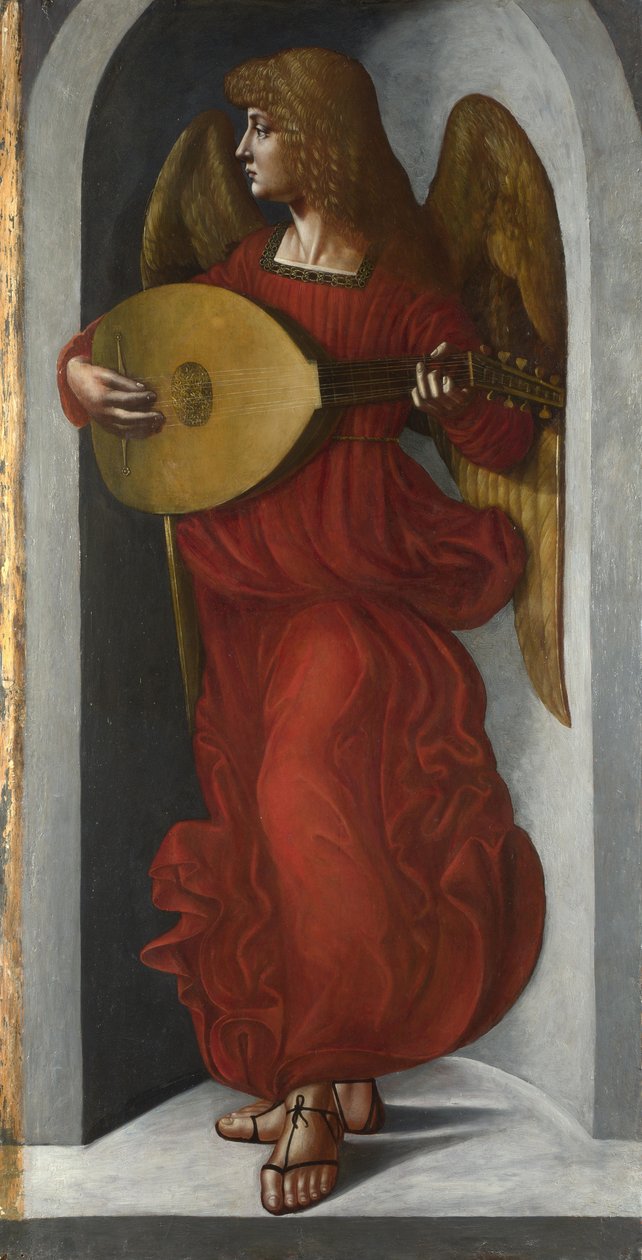 Een engel in rood met een luit, ca. 1490-1499 door Giovanni Ambrogio de Predis