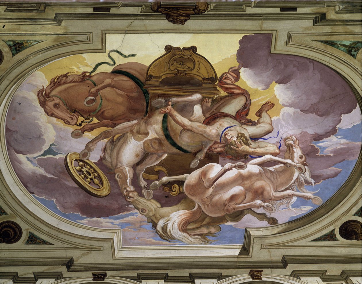 De val van Phaeton en zijn hemelse wagen veroorzaakt door de woede van Zeus - Fresco