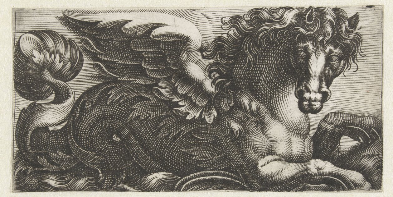 Gevleugeld zeepaard met aan zijn staart een knop van bladeren door Giovanni Andrea Maglioli