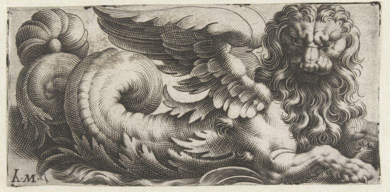 Gevleugelde zeeleeuw met golvende manen en een baard door Giovanni Andrea Maglioli