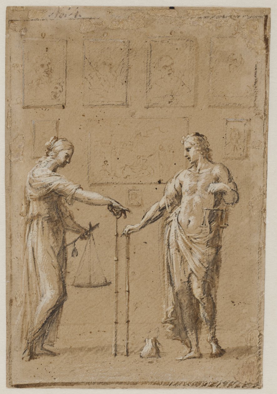 Een man en een vrouw in antieke kostuums, elk met weegschalen en een liniaal, voor een muur met schilderijen. Een beurs op de vloer voor de man door Giovanni Angelo Canini