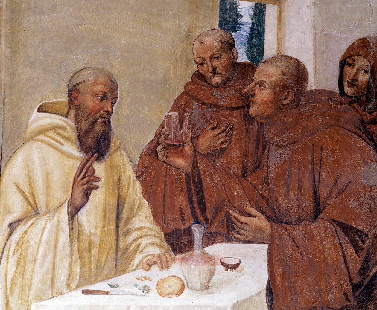 Benedictus breekt een glas vergiftigde wijn door het teken van het kruis te maken (detail). Fresco van het klooster gemaakt door Antonio Bazzi genaamd il Sodoma (1477 - 1549) die het leven van Sint Benedictus van Nursia (480 - 567) oprichter van de Benedic door Giovanni Antonio Bazzi Sodoma