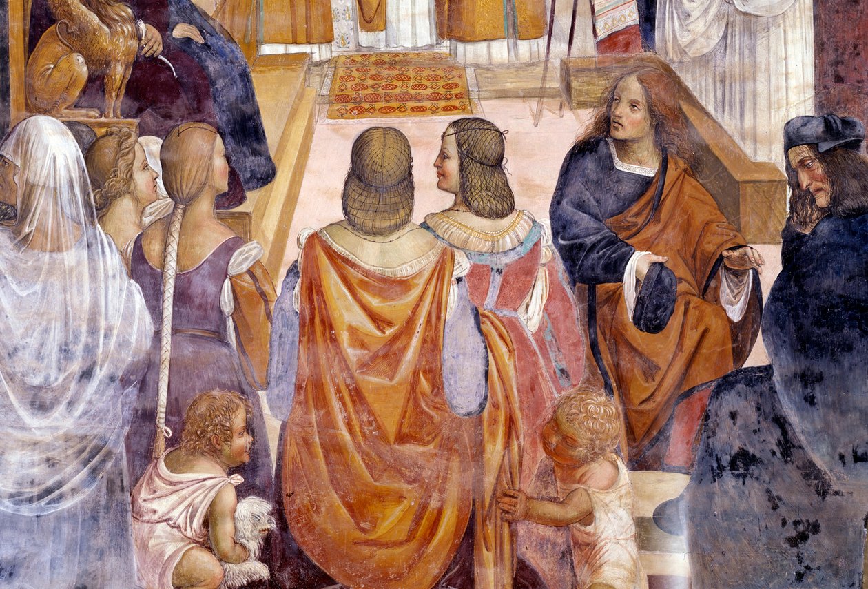 Benedictus excommuniceerde twee nonnen en verleent hen absolutie na hun dood (detail). Kloosterfresco door Antonio Bazzi genaamd il Sodoma (1477 - 1549) die het leven van Sint Benedictus van Nursia (480 - 567) oprichter van de Benedictijner Orde vertelt 15 door Giovanni Antonio Bazzi Sodoma