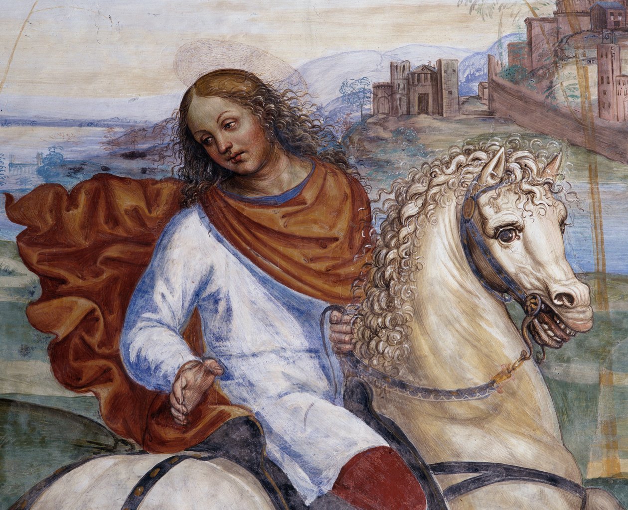 Benedictus verliet het huis van zijn vader en ging naar Rome om te studeren (detail). Fresco van het klooster gemaakt door Antonio Bazzi genaamd il Sodoma (1477-1549) die het leven van Sint Benedictus van Nursia (480 - 567) oprichter van de Benedictijner O door Giovanni Antonio Bazzi Sodoma