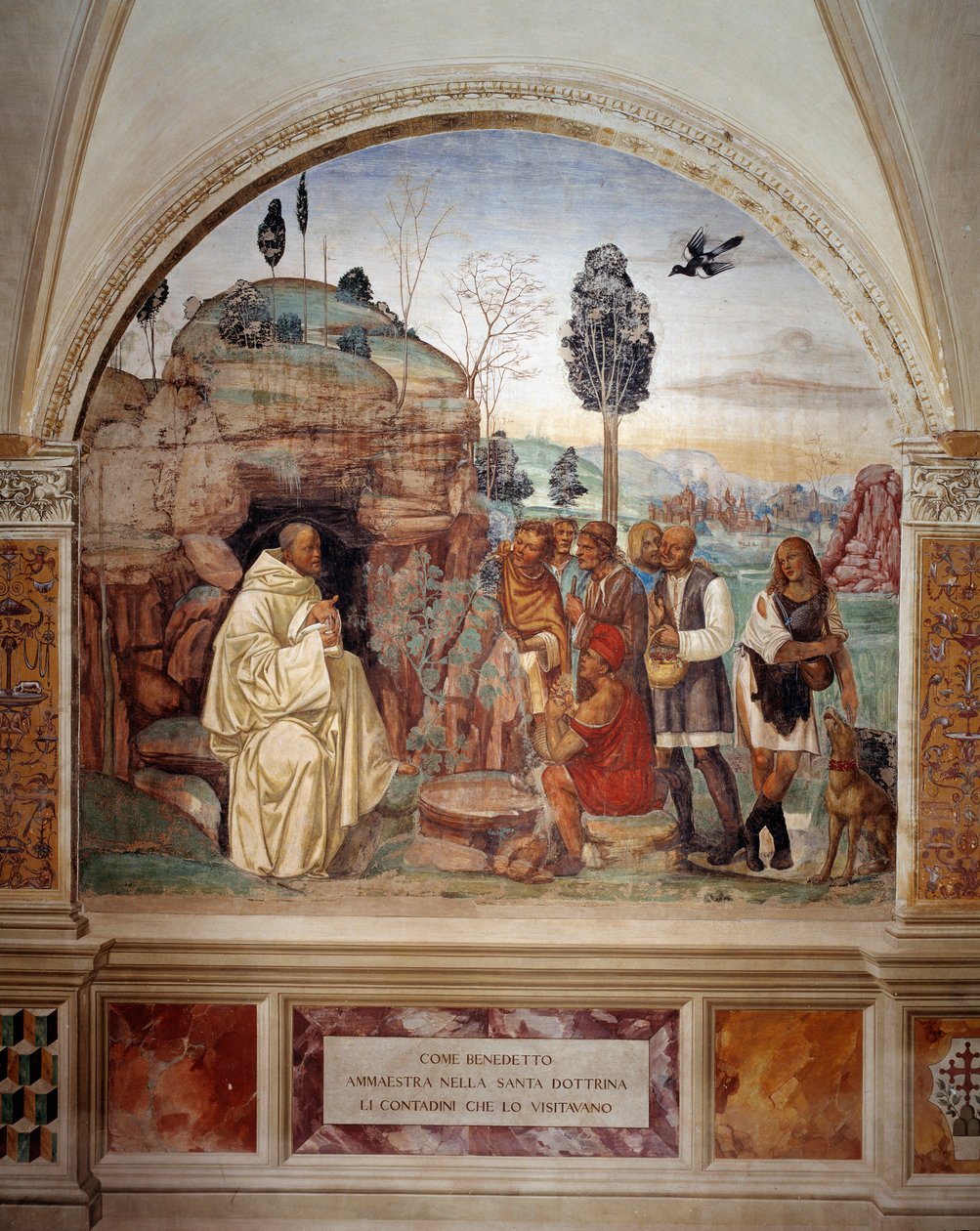 Hoe Benedictus de heilige leer aan de boeren onderwijst die hem bezoeken (fresco) door Giovanni Antonio Bazzi Sodoma